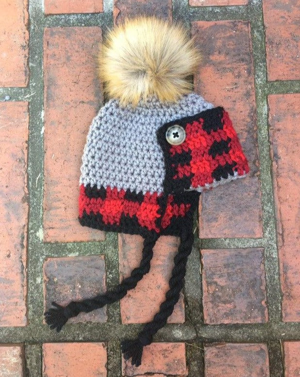 Crochet Plaid Baby Trapper Hat & Bootie Set