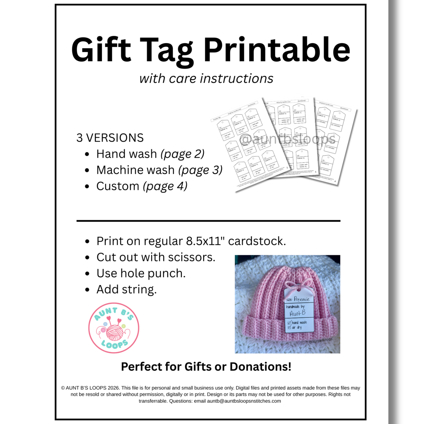 Gift Tag & Care Instructions Printable PDF for Crochet + Knit Items - Handmade Care Tag - DIGITAL DOWNLOAD