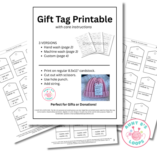 Sheet of gift tag printables with care instructions and branding on a white background.